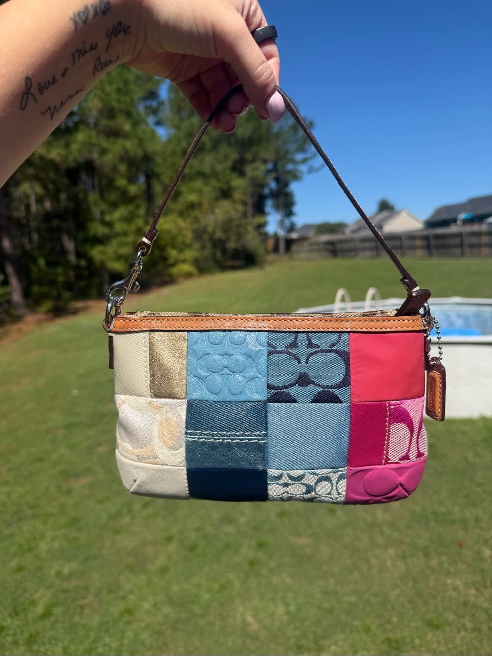 Coach Patchwork Mini Wristlet in Blue, Pink, Cream & Tan